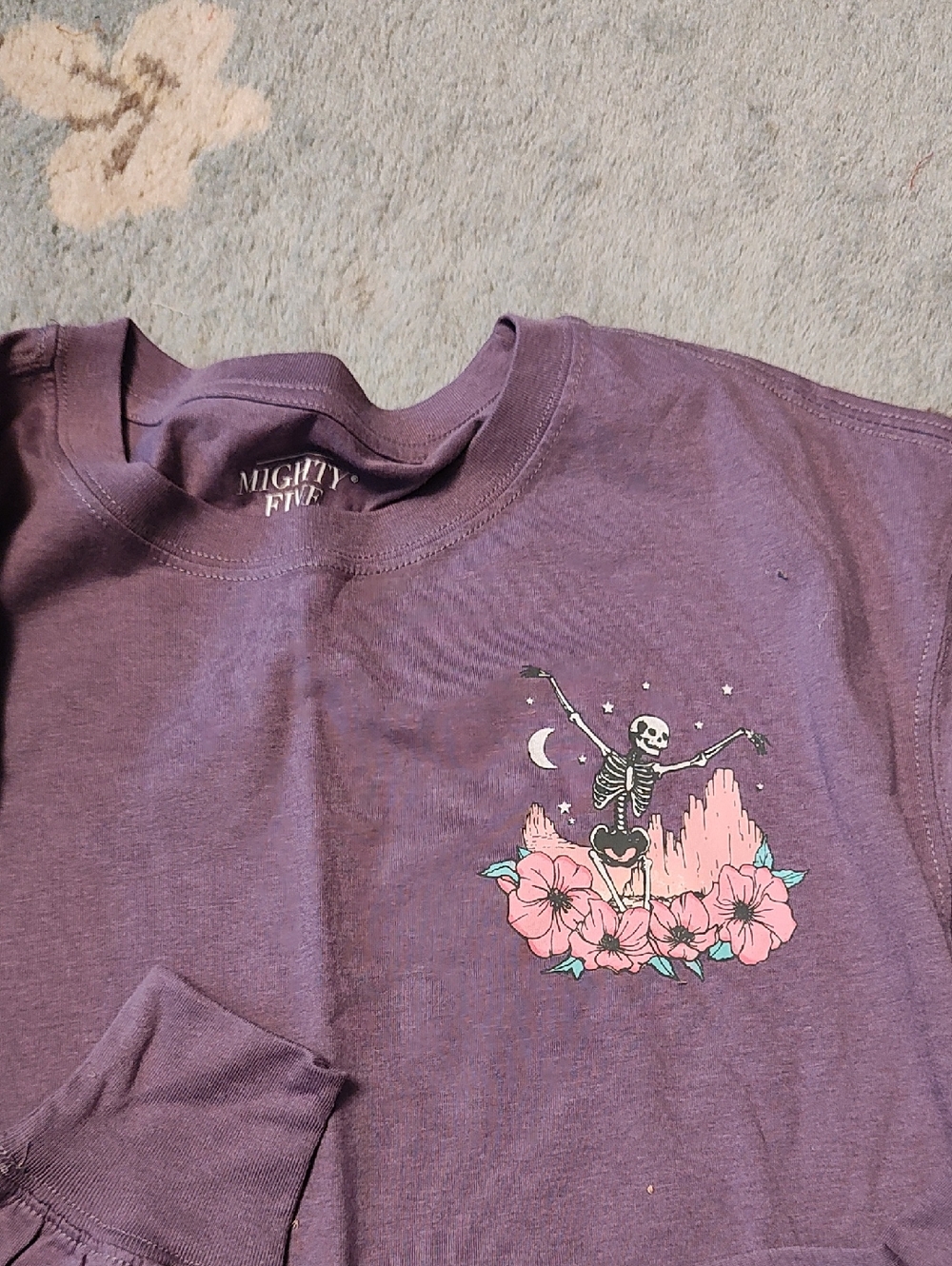 Mighty Fine Purple Crewneck with Skeleton & Floral Graphic